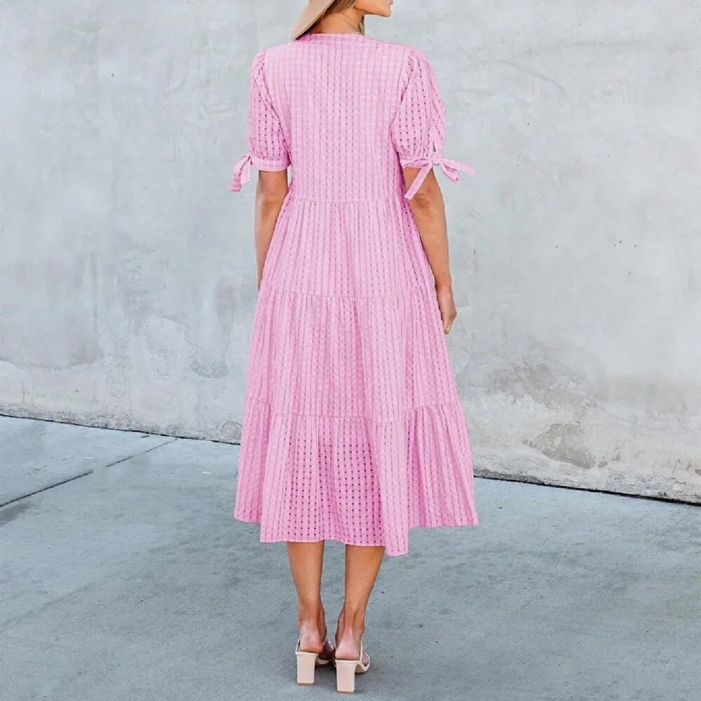 Pink Elegant Women's Casual V Neck Plaid Midi Maternity Dress - Picture 5 of 5